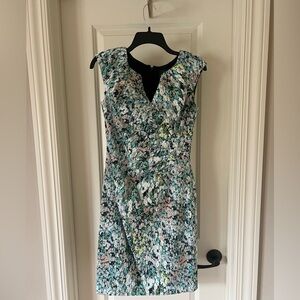 Adrianna Papell Sleeveless Dress Tea Length Ruched Waist Blue Abstract